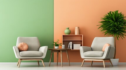 Stylish scandinavian living room with green sofa, chair, and bookshelf against peach fuzz wall.