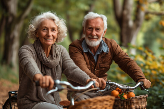 Happy Senior Couple Riding Bicycle In The Park. They Are Looking At Camera And Smiling