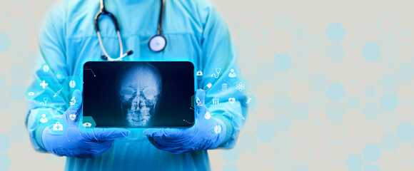 The doctor holds a tablet and examines a postero-anterior (PA) x-ray of paranasal sinuses. Doctor...
