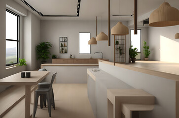 Interior design of modern kitchen room with cabinet wooden dining table and chairs. generative AI
