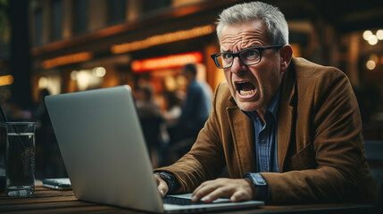 angry senior director with laptop in cafe - obrazy, fototapety, plakaty