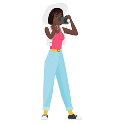 Hipster black girl with photo camera. Cool female photograph cartoon vector illustration