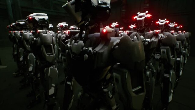 3d rendering of robotics army, industrial group of cyborg machines on factory background. Futuristic AI robotic team, artificial intelligence technology concept.