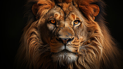 Wild, dangerous, beautiful lion in black background
