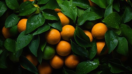 Vibrant background of fresh mandarin oranges with lush green leaves and citrus fruits