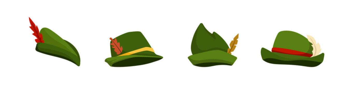 Green hats with archers and hunters feather. Medieval beret symbol of robin hood with stylish knight vector era design