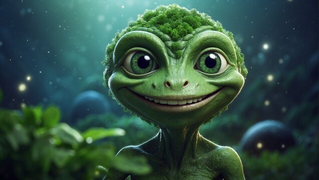 A smiling alien with green skin and big eyes