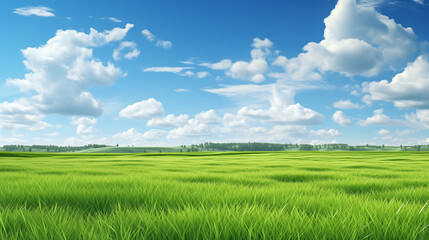Fototapeta na wymiar Green Meadow Panorama Cloudy Sky Nature Wallpaper Background