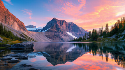 Fototapeta na wymiar Majestic Alpine Glow Sunset Reflective Mountain Lake Serene Nature Scenery High Resolution Wallpaper Background