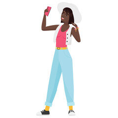 Hipster black girl taking selfie. Hipster girl blogger cartoon vector illustration