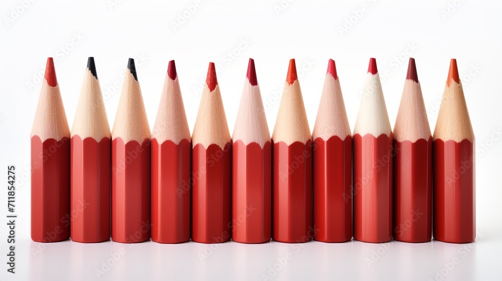 Poster red pencils with white outer layer on white background for creative art and writing projects.