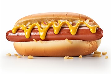 Delicious and juicy hotdog with mustard, ketchup, and pickles, isolated on white background - obrazy, fototapety, plakaty