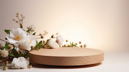 Fototapeta na wymiar Round empty wooden platform podium for product presentation and spring flowers on pastel beige background, banner