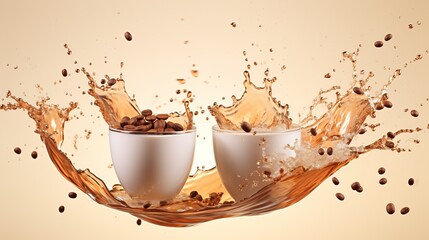 White coffee cup with dynamic splashes, flying beans, and copy space on beige background