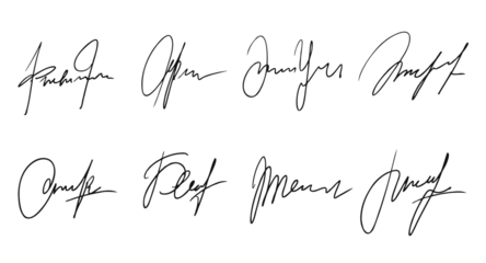 Fotobehang Set of fake signatures. Illegible fake handwriting text. Brush Pen sign. Decoration for certificate or agreement. Business deal © Taras