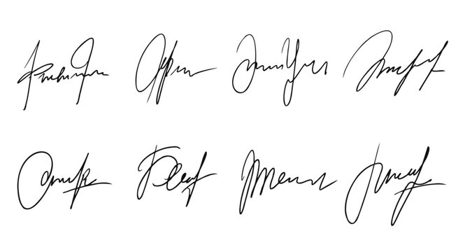 Set of fake signatures. Illegible fake handwriting text. Brush Pen sign. Decoration for certificate or agreement. Business deal