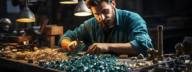 A jeweler works with a piece of jewelry - obrazy, fototapety, plakaty