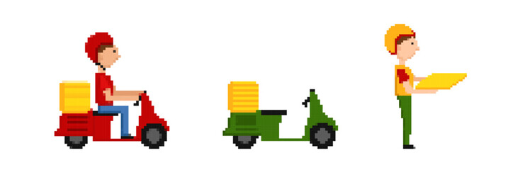 Pixel couriers and delivery set. Red and green motorcycle with goods and employee in helmet with delivered goods for service vector design