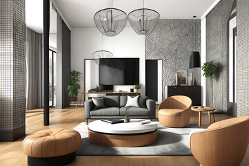interior design of modern living room with chair, sofa, cushions, coffee table. Generative AI