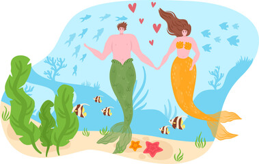 Male and female mermaids holding hands underwater, surrounded by fish and seaweed. Mermaid couple in love with heart symbols. Fairytale romance, fantasy sea life vector illustration.