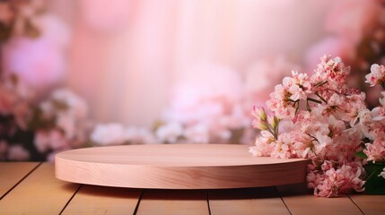 Obraz na płótnie Canvas Round empty wooden platform podium for product presentation and spring flowers on pink background, banner