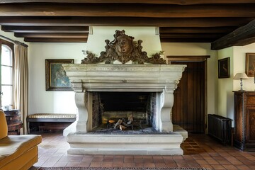 Naklejka premium A traditional fireplace, with a wood burning hearth to heat the living room.