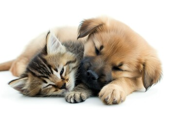Obraz premium A puppy and a kitten take a nap cuddling, adorable, on white studio background.