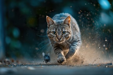 A domestic cat chases a little mouse as its prey.