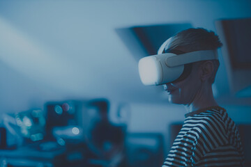 woman wearing headsets of virtual reality standing on background looking away