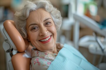 An elderly woman smiles during a dental examination in the chair at the dentist clinic.