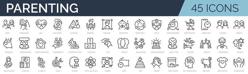 Set of 45 outline icons related to parenting. Linear icon collection. Editable stroke. Vector illustration
