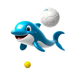 Cute dolphin cartoon animal playing ball on a white backdrop. 