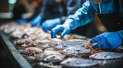 Group of seafood processing staff working with fresh sardines in plant - obrazy, fototapety, plakaty
