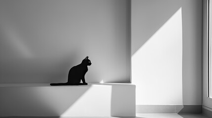 Black cat sitting on a landing in the room - obrazy, fototapety, plakaty