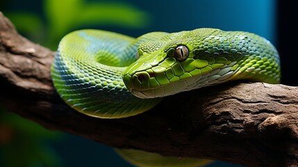 Stunning macro shot of a detailed green snake gracefully coiled on a lush jungle tree branch