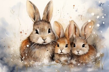 Watercolor painting of rabbit mother and adorable bunnies. Generative AI