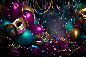 Mardi Gras mask, balloons and sparkles