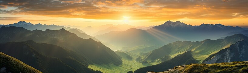 view of the mountains at sunset from the peak - obrazy, fototapety, plakaty