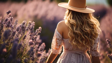 Fototapeten girl in walks in a field of lavender. View from the back © alexkich