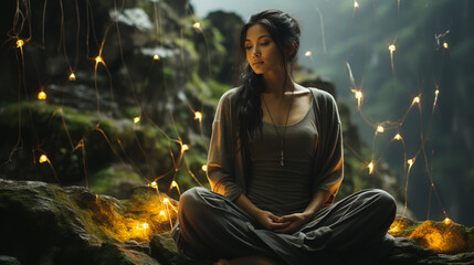 Beautiful young woman meditates in nature, in a beautiful forest.