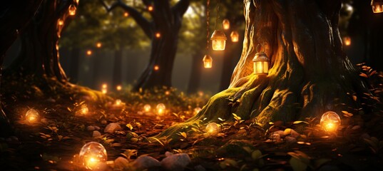 enchanted forest clearing  midnight celebration with fairies, fireflies, and sparkling fairy dust