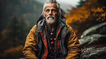 Fototapeta premium Full length of man meditating while sitting on rock