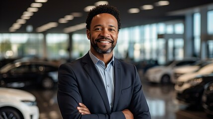 Portrait of a successful African-American businessman in a suit standing in a car dealership showroom - obrazy, fototapety, plakaty