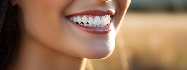 Beautiful female smile after teeth whitening procedure. Dental care. Dentistry concept. - obrazy, fototapety, plakaty