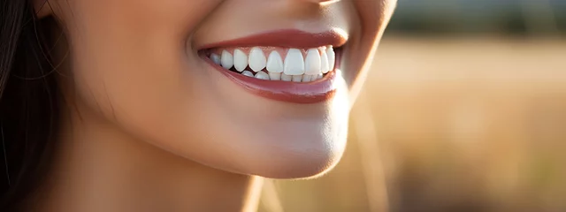 Fotobehang Beautiful female smile after teeth whitening procedure. Dental care. Dentistry concept. © alexkich