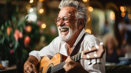 Elderly man playing guitar at home