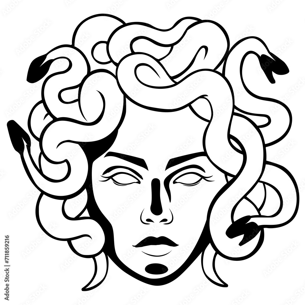 Wall mural antique head gorgon medusa. serpent mythical creature with snakes instead of hair eerie look that tu