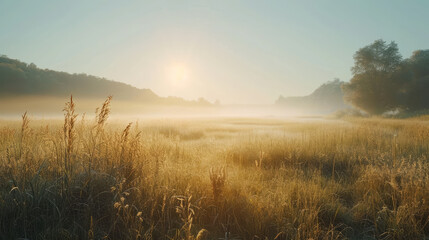A summer field with grass and trees in the background, with the sun setting.