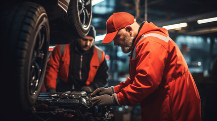 Auto mechanic working on car engine in mechanics garage. Repair service. authentic close-up shot - obrazy, fototapety, plakaty