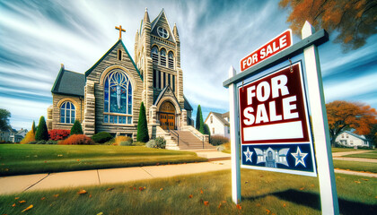 Church for sale. The most significant reason for so many churches closing down is the increasing decline of interest in the traditional religions. - obrazy, fototapety, plakaty